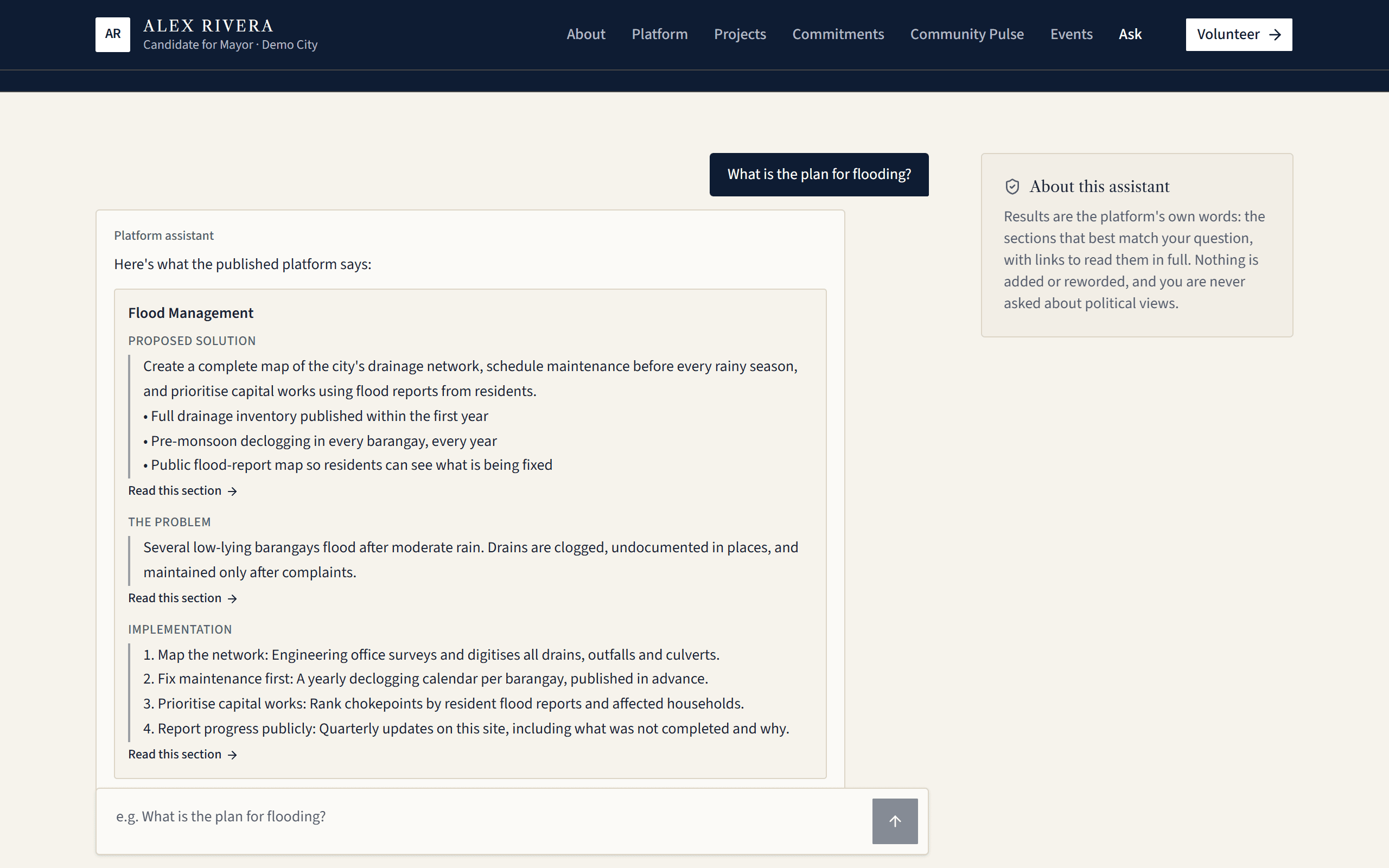 The Ask page answering “What is the plan for flooding?” with the matching Flood Management sections of the published platform, each with a link to read it in full.