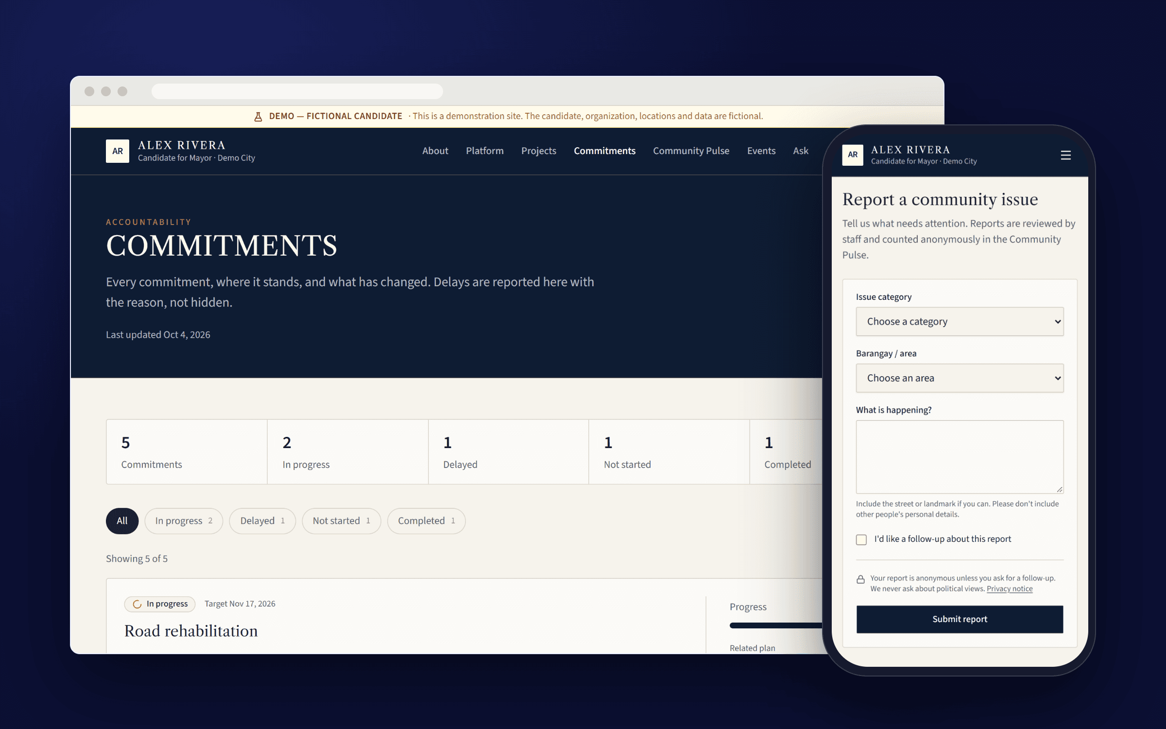 The platform’s demo site on desktop and mobile. The desktop shows the Commitments page, with five commitments summarised by status. The phone shows the form residents use to report a local issue.