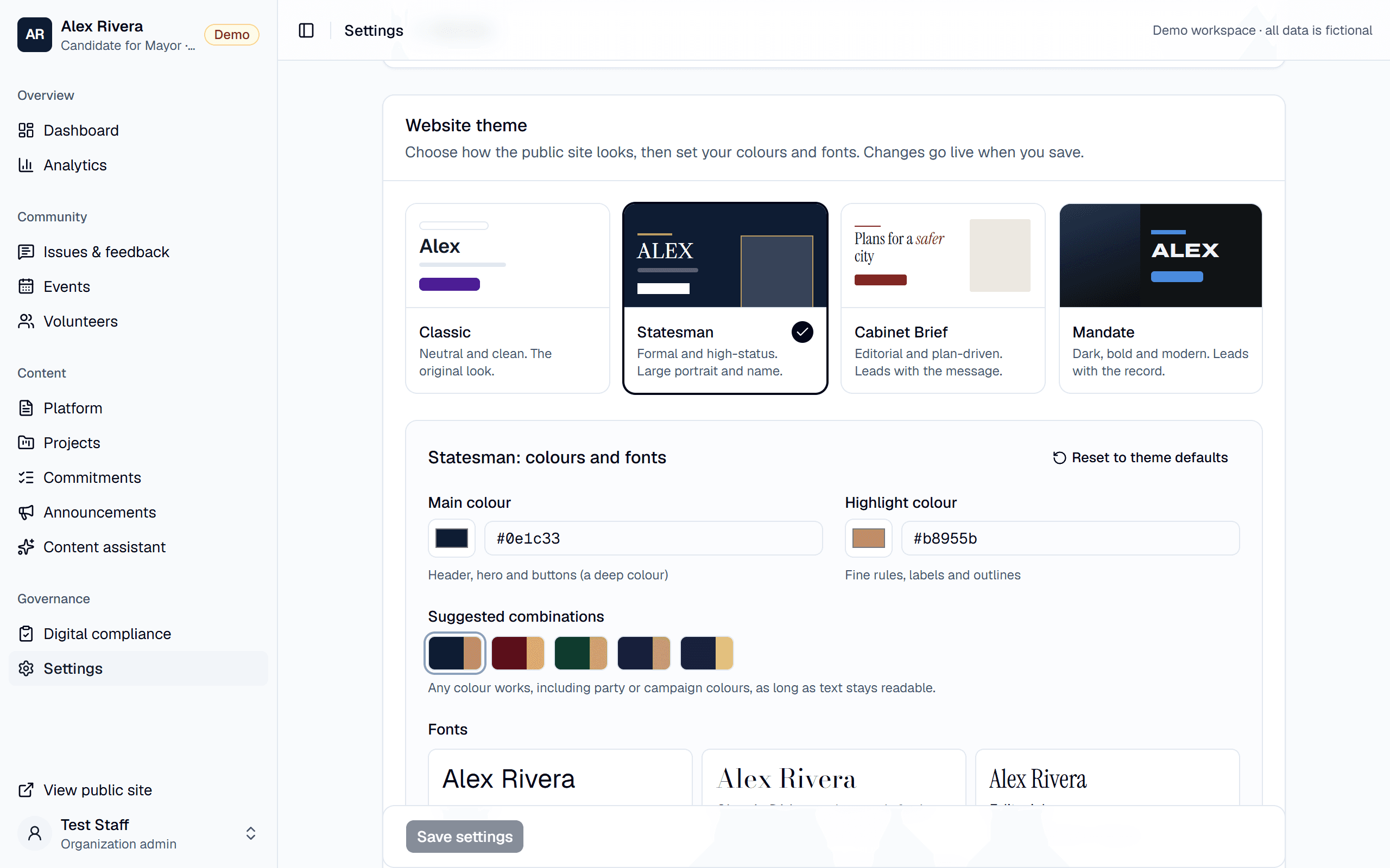 Theme settings in the dashboard: four website themes (Classic, Statesman, Cabinet Brief and Mandate), with main and highlight colours, suggested colour combinations and font choices.